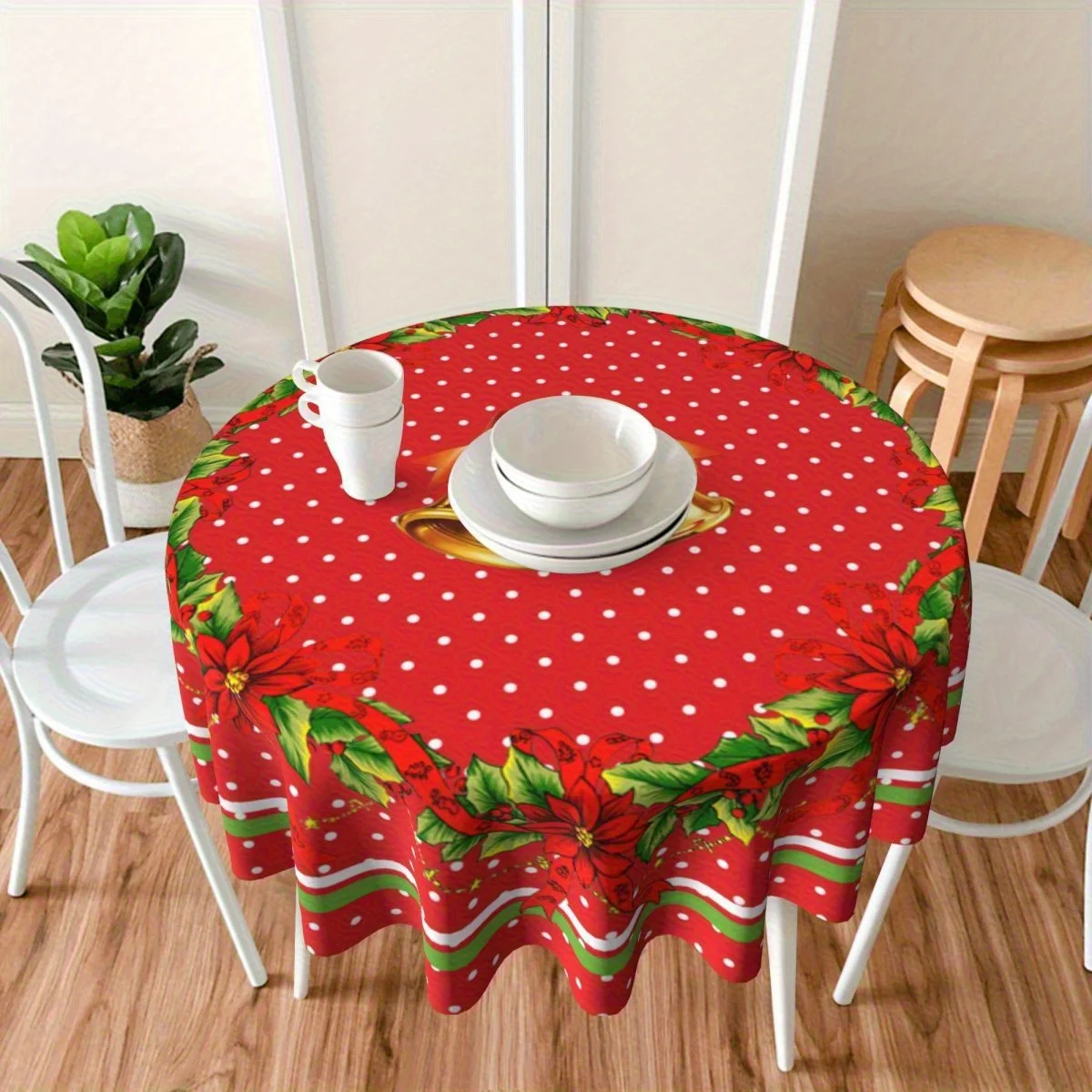 Mantel de corona de Poinsettia de lunares, color rojo y blanco, con borde de raya tipo lazo dorado, cubierta redonda para mesa de Navidad, 1 ud.