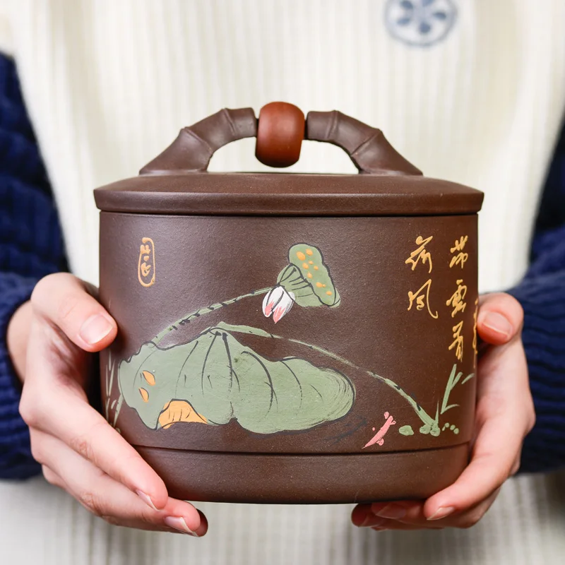 

sealed tea canister lotus relief handpainted Chinese tea jar with lid storage loose tea true yixing zisha health care caddy new