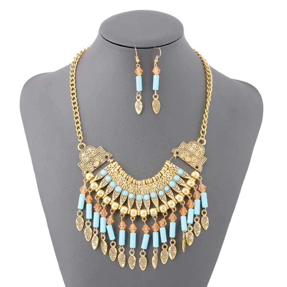 Vintage altın simli kristal boncuklar yaprak oyma çiçek püskül gerdanlık kolye küpe kadınlar için Bohemian etnik takı setleri