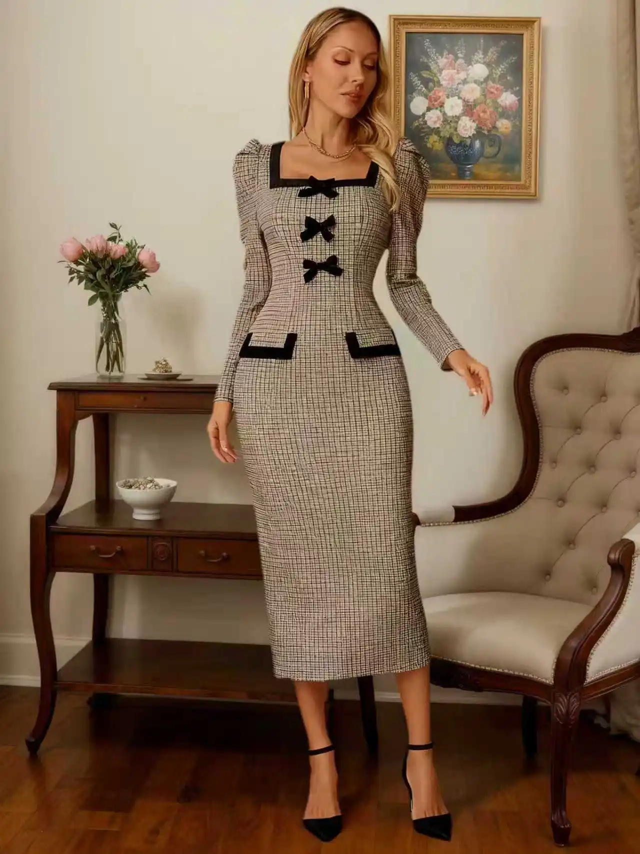 فستان نسائي متوسط الطول كاكي متقلب - ياقة مربعة، أصفاد منفوشة، فيونكة على شكل فراشة، شريط زخرفي متباين، فتحة جانبية #1