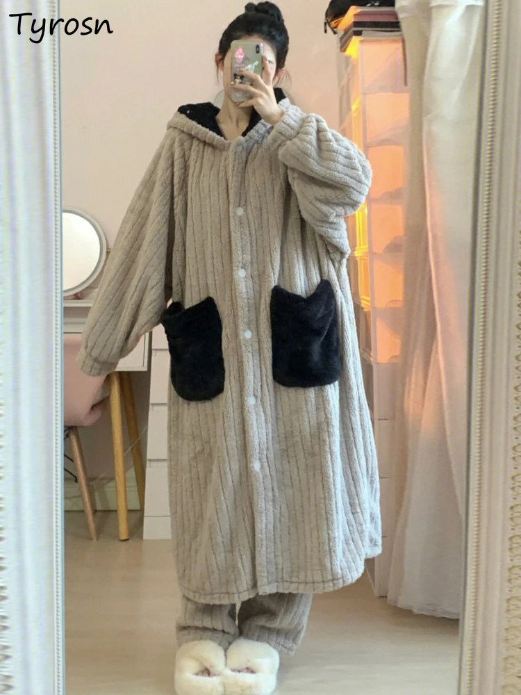 

Pajama Sets Women Winter Fashion Warm Simple Leisure Loose Home Daily Students Elegant Sleep Wear Patchwork Lovely Cozy Pockets