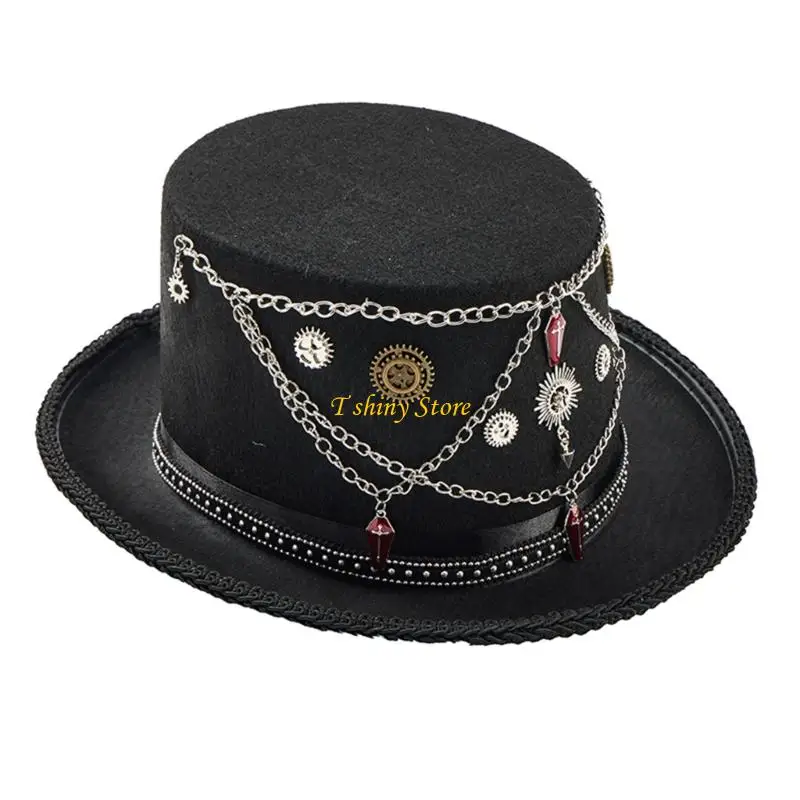 

N58F Elegant Victorian Gothic Hat With Decorative Chains Unisex Fashion Headwear Theatrical Costume Hat
