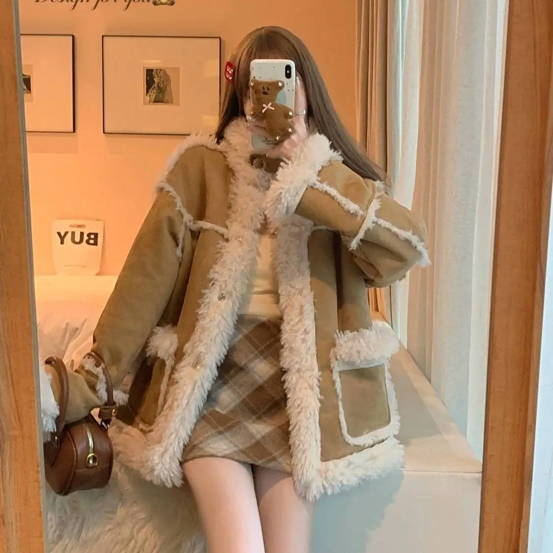 

Korea Autumn Winter Spliced Suede Lamb Jacket Thickened Fur and Integrated Coat Loose Velvet Women's Cashmere Sheepskin Women's