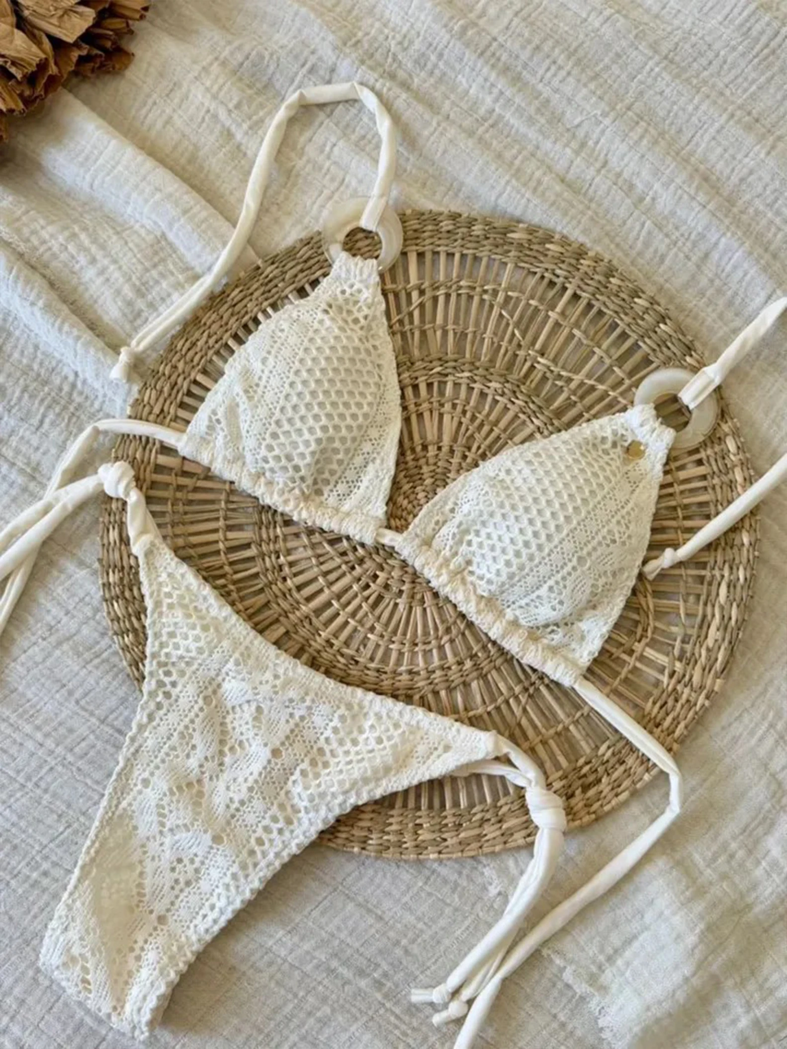 

2025 Sexy Cream Knit Bikini Set – Mesh Texture with Resin Ring Detail Perfect for Beach Wear and Pool Parties Summer Getaways