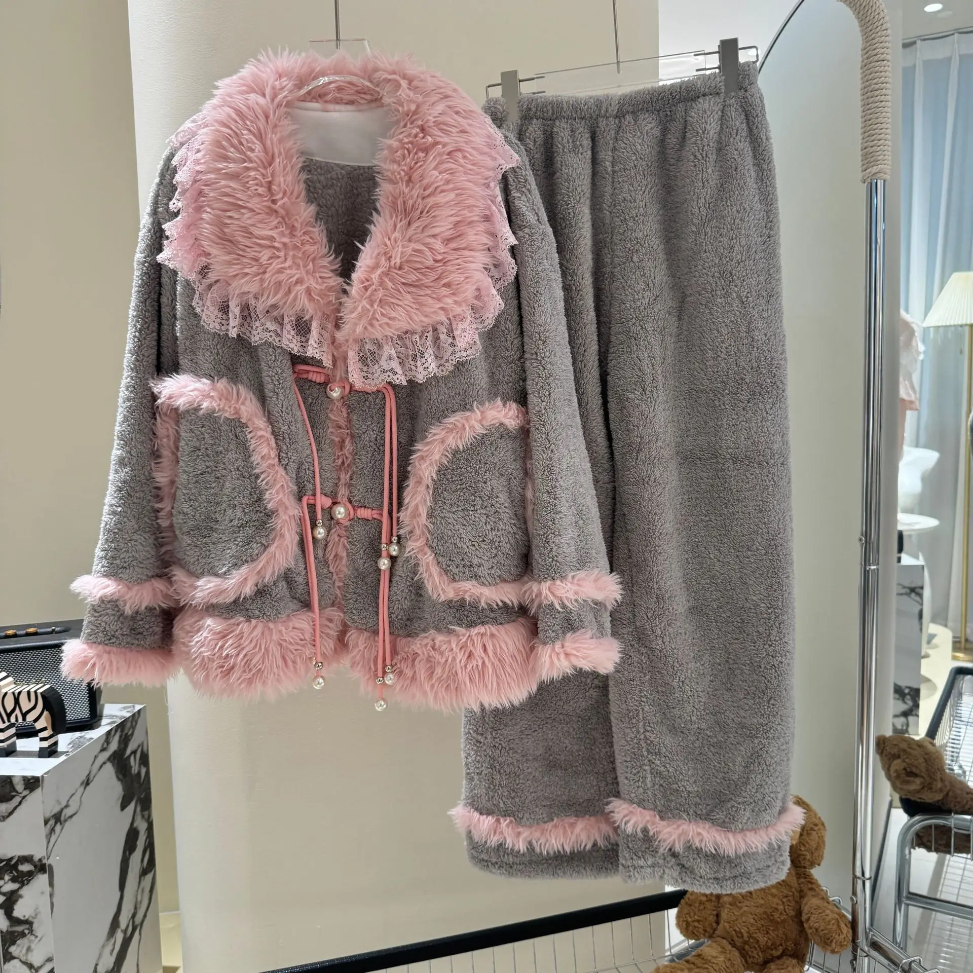 

Женский пижамный костюм, плотная фланелевая одежда для сна с длинными рукавами, осень-зима, плюшевый пижамный комплект с лацканами из 2 предметов, милая домашняя одежда, одежда для дома