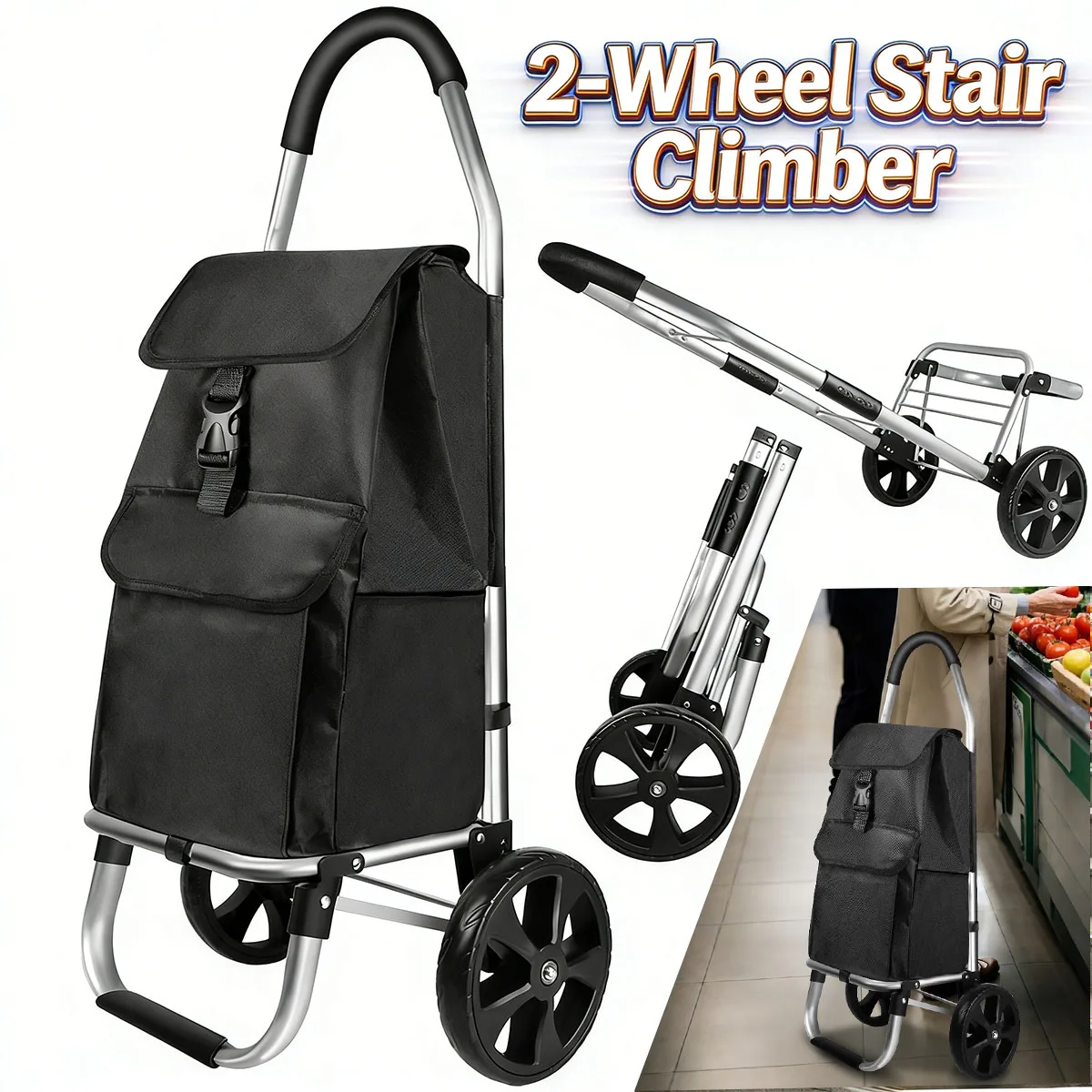 Carrito de Compras Plegable de 2 Ruedas – Carrito Ligero de Aluminio con Bolsa Desmontable y Ruedas Silenciosas