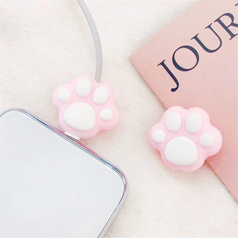 New Cute Cartoon Pink Cat Paws Cable Winder Protector for IPhone Cable Kawaii Desktop Wire USB Cable Charger Line Protector