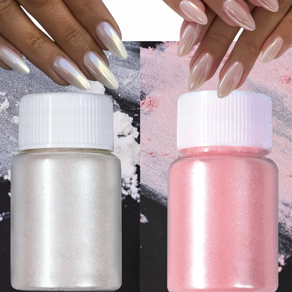 1 زجاجة أبيض/وردي بيرليسسينت مسحوق الأظافر 10 جرام التدرج مرآة تأثير الكروم الصباغ الغبار أورورا حورية البحر الميكا فرك مسحوق و # 1