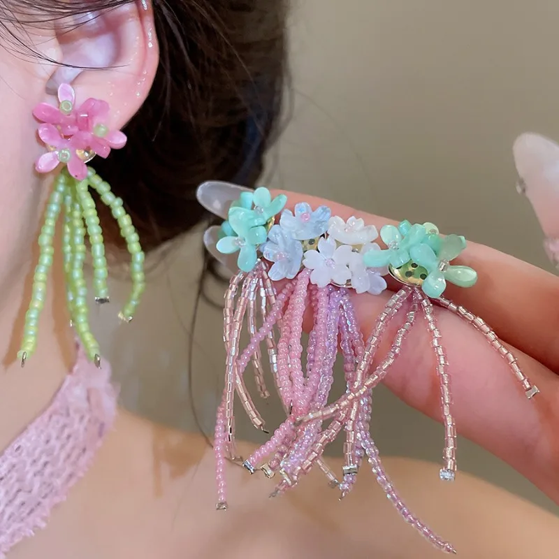 

Minar Fantasy Double Color Resin Glass Beads Flowers Long Tassel Drop Earrings for Women Girls Handmade Holiday Wedding Jewelry