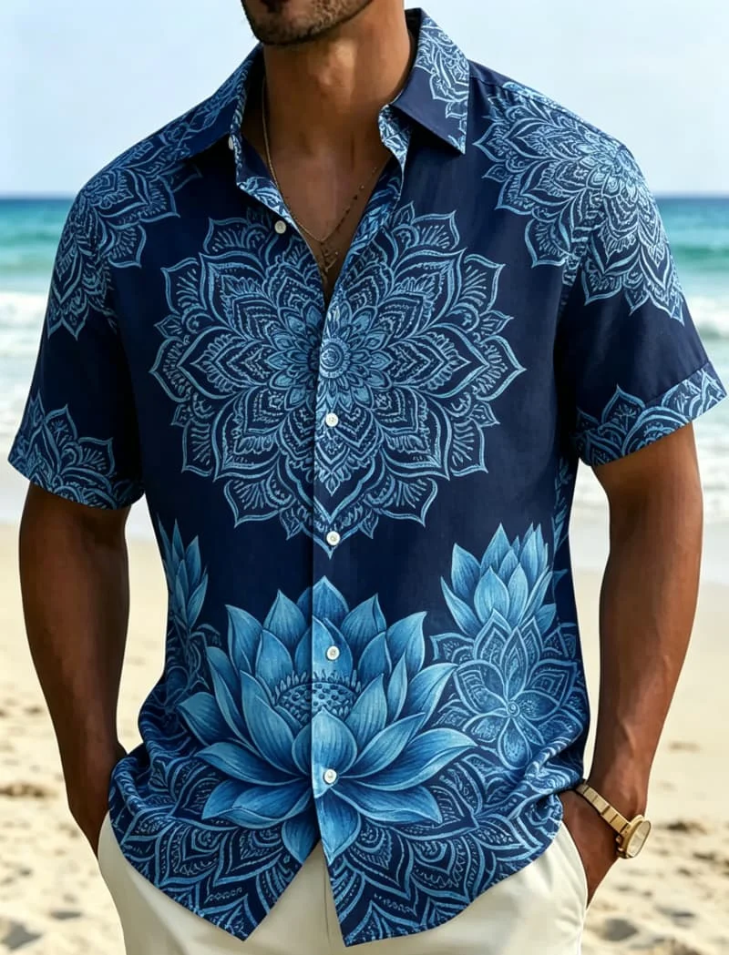 

Men's Bohemian Mandala floral print short sleeved shirt, exotic style, suitable for tropical vacations and daily wear