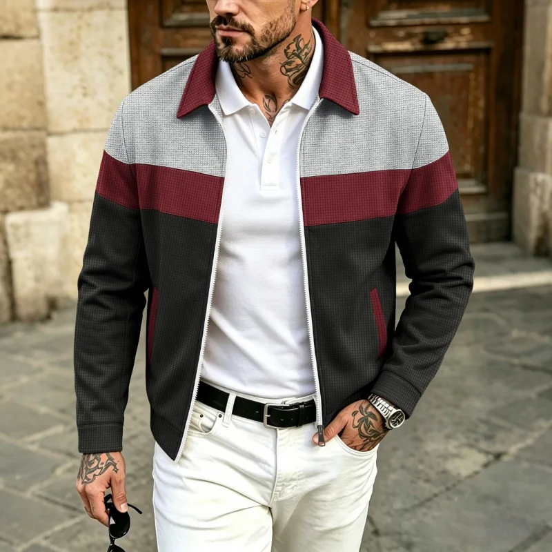 Men Lapel Collar Zip Up Jacket Color Block Waffle Splice Coat Casual Spring Autumn Street Loose Outerwear