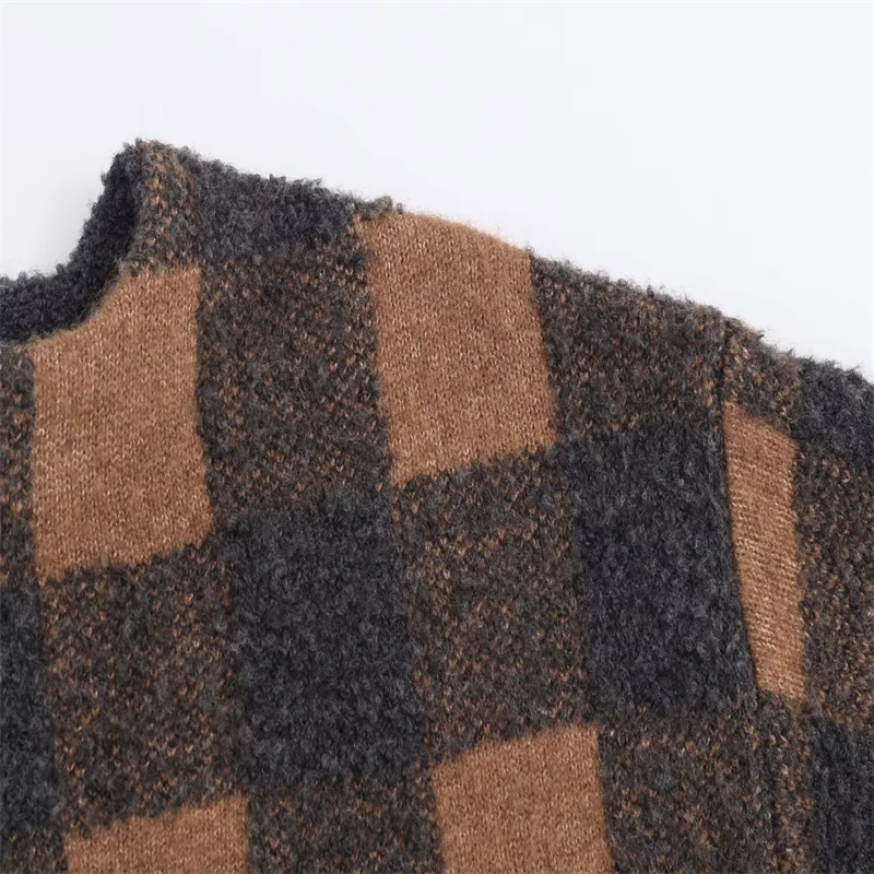 レディース ブラウン＆ネイビー チェック柄 ウール混紡コート - 冬用ラウンドネックシングルボタンオーバーサイズジャケット