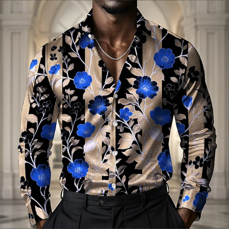 Camicia a maniche lunghe da uomo Camicia stampata floreale elegante con fiori dipinti Camicia da spiaggia casual con bottoni risvolto alla moda da uomo