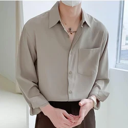 Camisa chique casual simples de manga comprida masculina, blusa masculina high-end, cortina solta, monocromática, top com todas as cores, primavera, outono