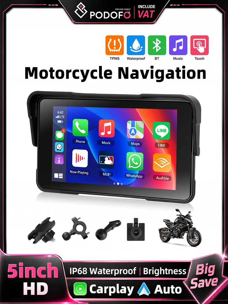 Podofo 5-Zoll-Bildschirm Motorrad-Monitor Kabelloses Carplay Android Auto IP68 Wasserdicht Quadratischer Steuerknopf GPS BT Tragbarer Navigationsplayer Helligkeitseinstellung Tragbarer Smart Player