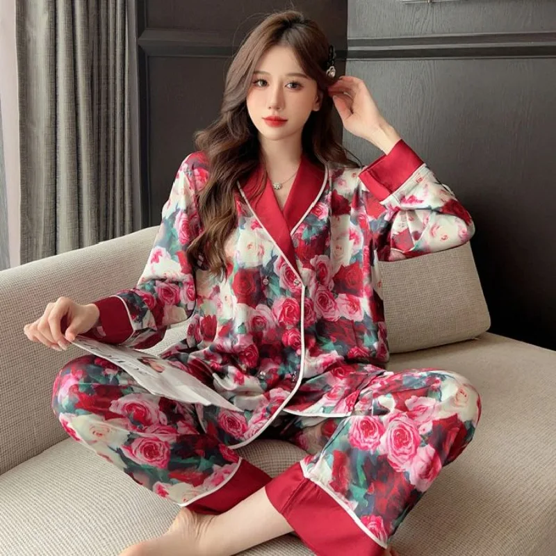 Ice Silk Pajamas Spring Autumn Women Artificial Silk Large Size V-neck Sleepwear Female Casual Long Sleeve HomwearTwo-Piece Suit