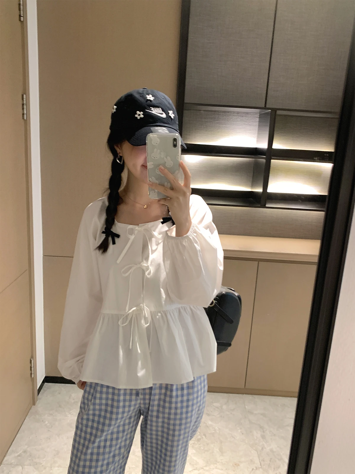 

Женская свободная блузка из чистого хлопка с длинными рукавами-фонариками и завязками на талии, коллекция Осень-Зима 2024