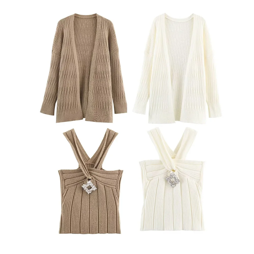 

Autumn new women's fashion sexy suspender V-neck long sleeved solid color loose two-piece knitted cardigan