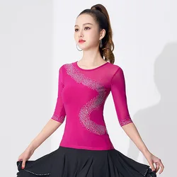 Superior Quality Solid Color Latin Dance Costume Evening Top Tango Jazz Rhinestones Wear Waltz 2024 New Belly Woman Short Sleeve