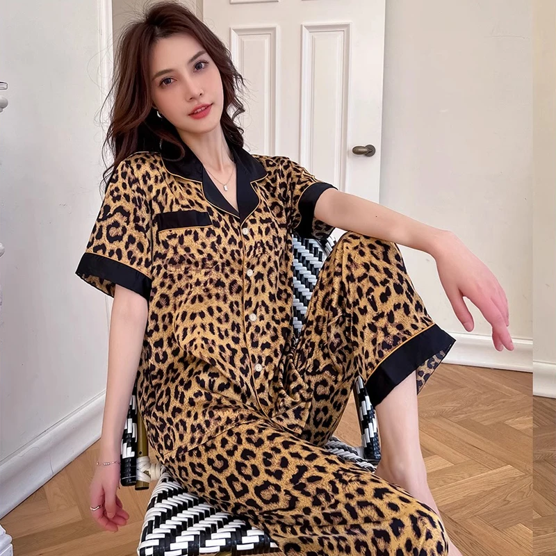 Pink Leopard Three-piece Set Pajamas for Women Y2k 2024 New Classy Spring Female Sleepwear Short Sleeve Fashion Casual Homewear