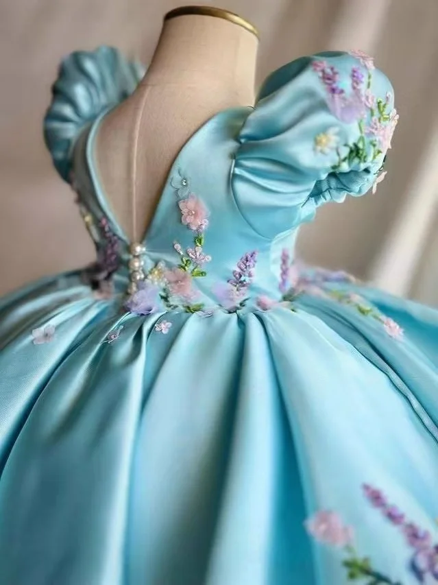 Custom Flower Girl Dress Wedding Gown Birthday Party Pageant Dress Puff Sleeve 3D Floral Butterfly Embroidered Satin Princess Dr