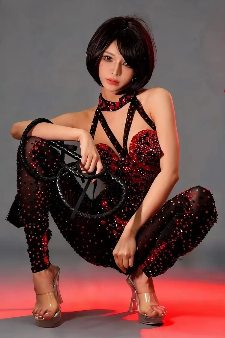Rhinestone Mesh Jumpsuit Women See Through Bodysuit Nightclub Party Outfit Singer Stage Costume Sparkly Crystals Skinny Jumpsuit