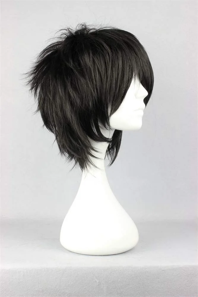 Peluca corta negra para Cosplay, pelo sintético resistente al calor, esponjoso, Emo