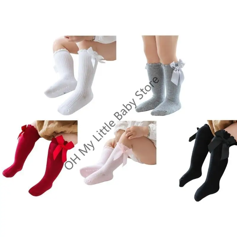 

M76C Baby Girls Knee High Socks Bow-Stitched Toddler Breathable Long Sock Cable Knit