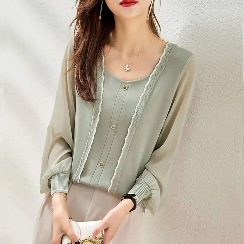 Elegant O-Neck Button Knitted Spliced Gauze Blouses Women\'s Clothing 2024 Autumn New Loose All-match Tops Office Lady Shirts