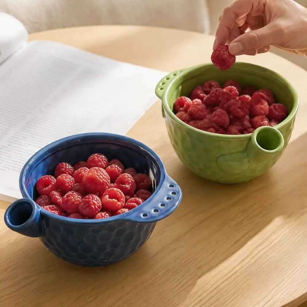 Decorative Washing Bowl Ceramic Berry Washing Bowl with Drain Holes Self-spinning Fruit Vegetable Washer Swirling for Berries