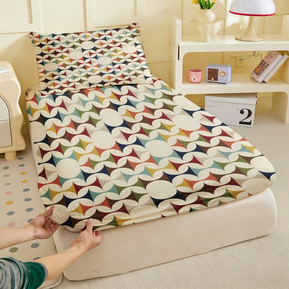 1pc Retro Geometric Circle Print Fitted Sheet Deep Pocket Elastic Mattress Cover Single Double Queen King Bedroom Decor