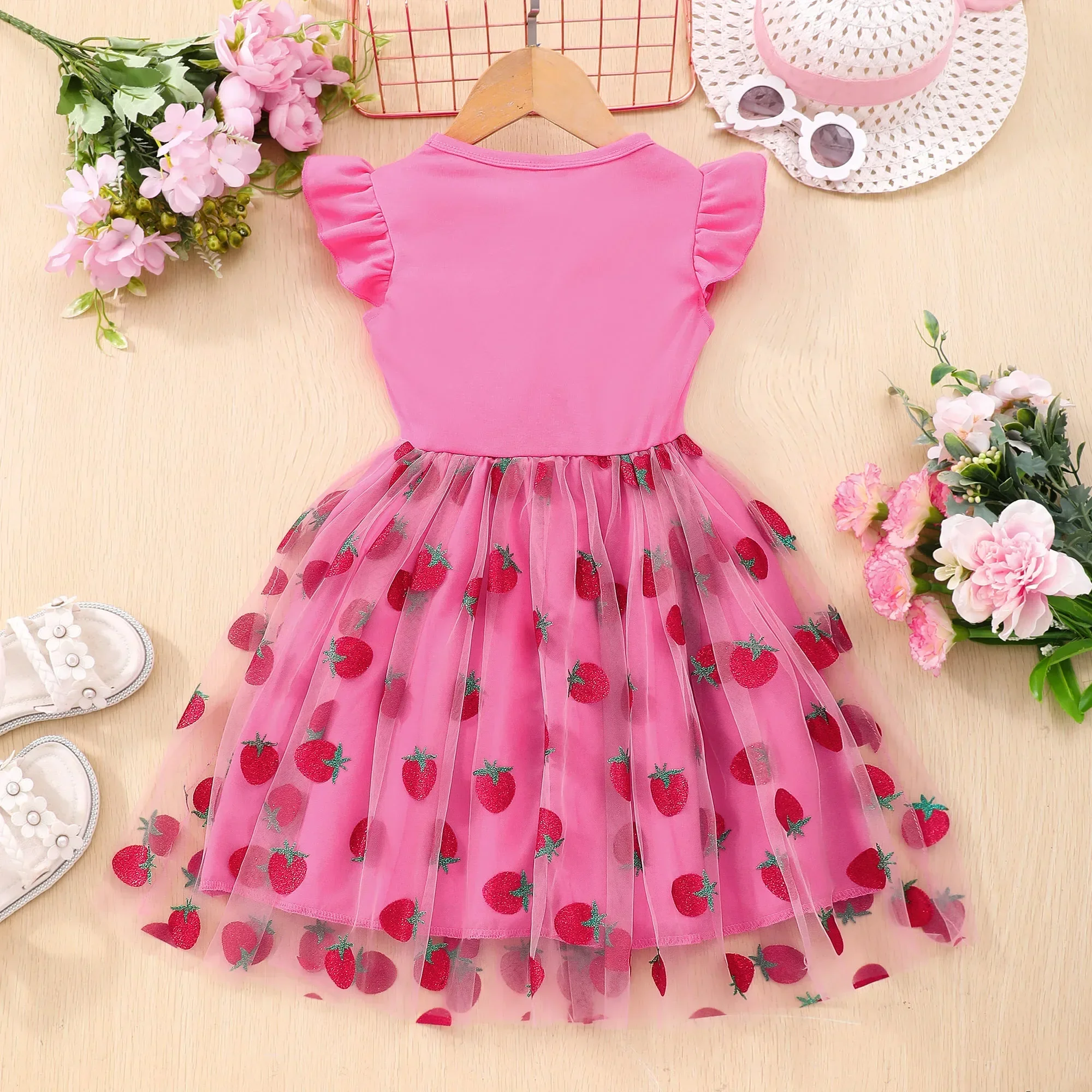 New Dress Kids Girls Clothes Summer Short Sleeve Strawberry Bilayer Children Dress Fashion Casual Cute Girls Clothing for Kids