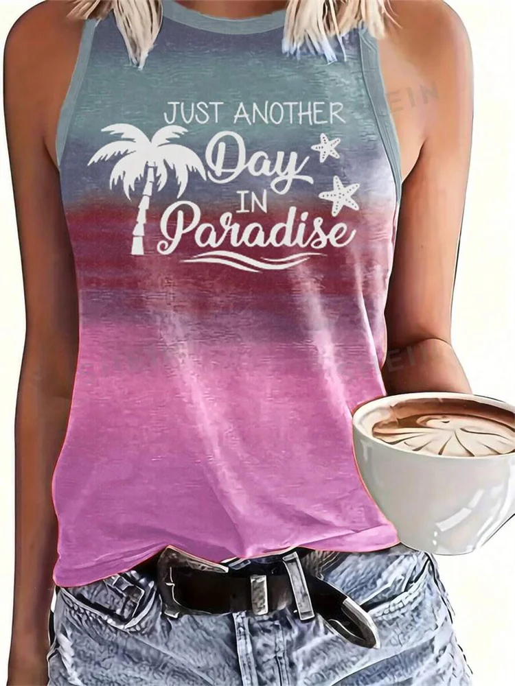 Gradual Color Print Women's Casual Tank Top Street Fashion Women's Crew Neck Tank Top Summer Outdoor Beach Sleeveless T-shirt