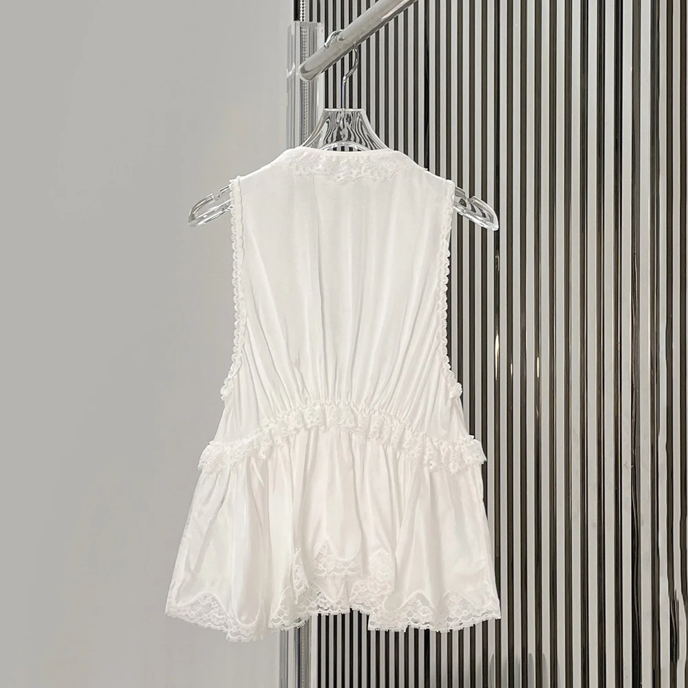 Elegant White Lace Sleeveless Vest Blouse Tie Front Peplum Hem Tank Top for Women 2026 Summer New Casual Y2k