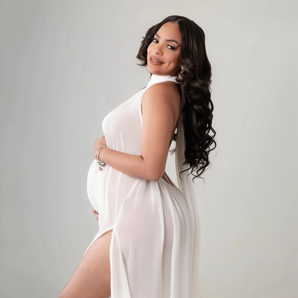 Halter Maternity Photography Dresses Chiffon Backless Pregnant Photo Shoot Gown High Split Pregnancy Studio Posing Clothing view 5