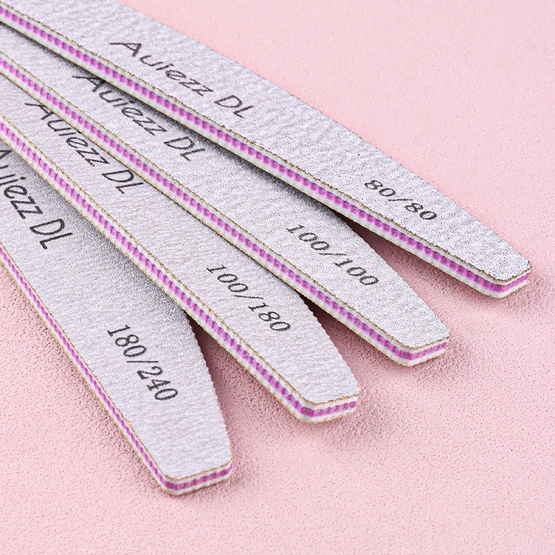5/10Pcs Professional Double Sided Nail File 100/180/240 Grit Thick Grey Boat Curved Manicure Sanding Tool for Pedicure Care