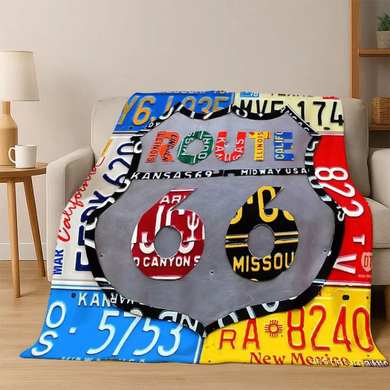 Retro Route66 America Mother Road Sign Flannel Blanket Soft Warm Throw Blanket for Bedroom Living Room Bed Travel Camping Picnic