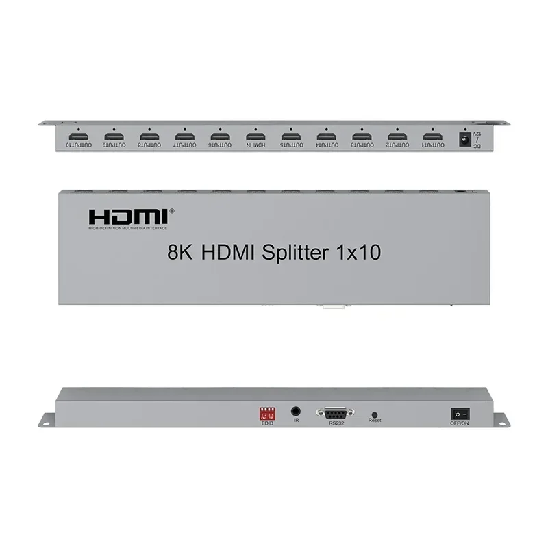 8K HDMI Splitter 1x10 4K 120Hz HDMI2.1 Splitter 1 in 10 Out Video Distributor HDR 3D EDID RS232 for PS4 Camera PC To TV Monitor