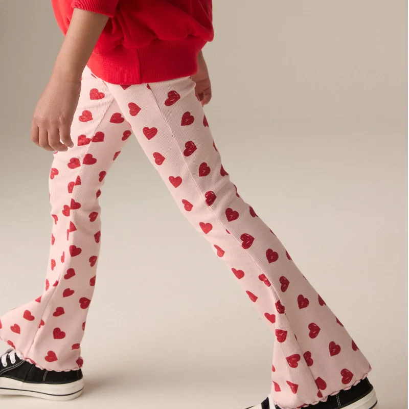 

2025 Spring New Girl's Love Pattern Full Print Light Pink Cotton Soft Elastic Pants Bellbottom Pants