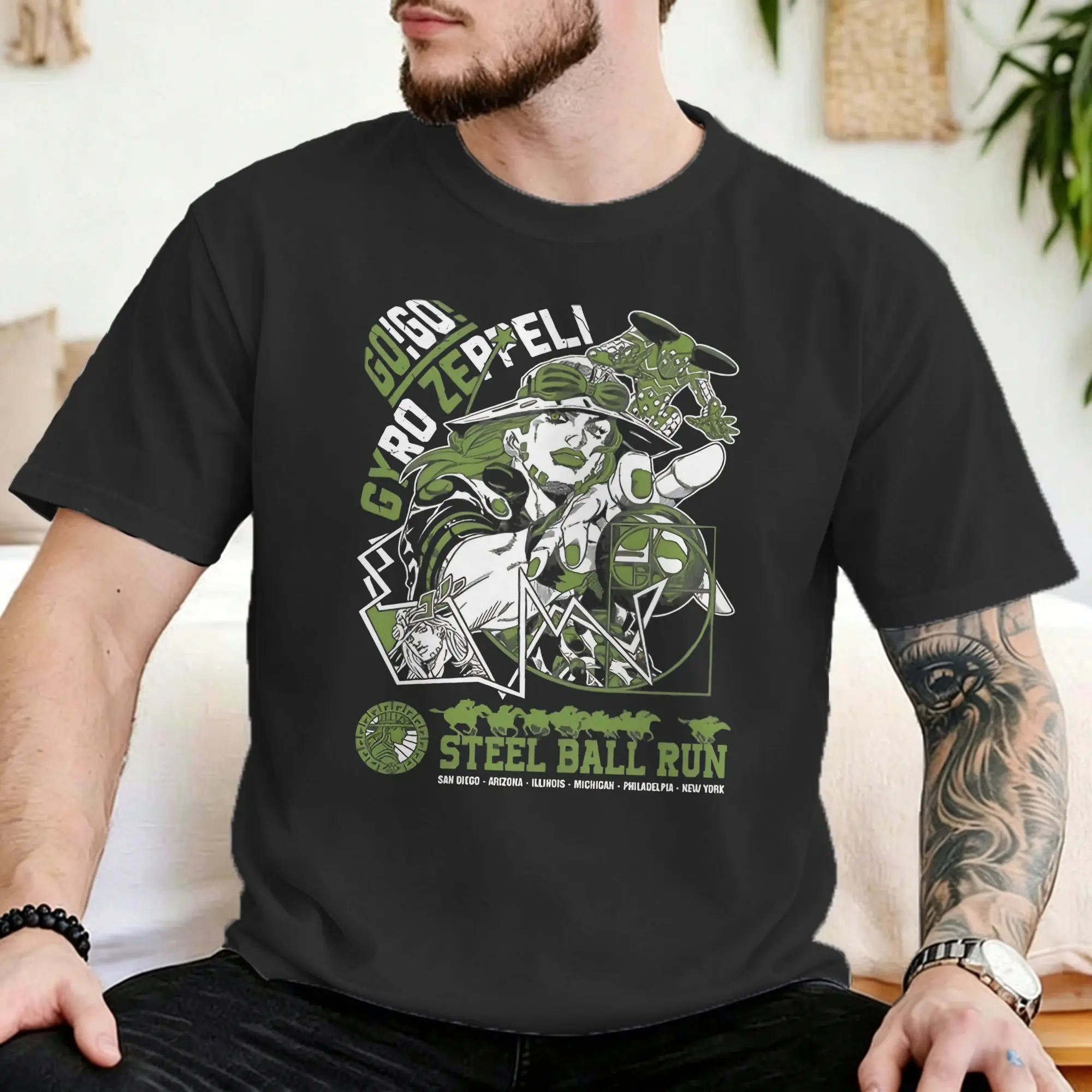 Men Women Gyro Zeppeli T Shirts JoJos Anime  Pure Cotton Tops Vintage Short Sleeve Crewneck Tee Shirt Gift T-Shirts