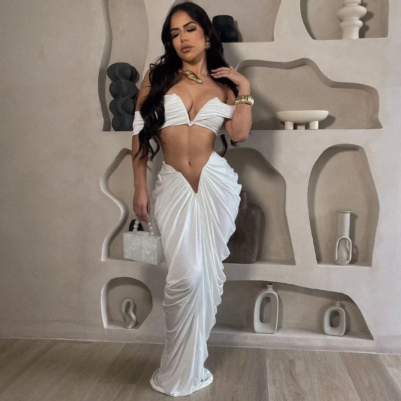 Sexy Party Night Ruched Maxi Dress Sets for Women Two Piece Set Sexy Club Outfits Slash Neck Crop Top + Long Skirt Matching Sets