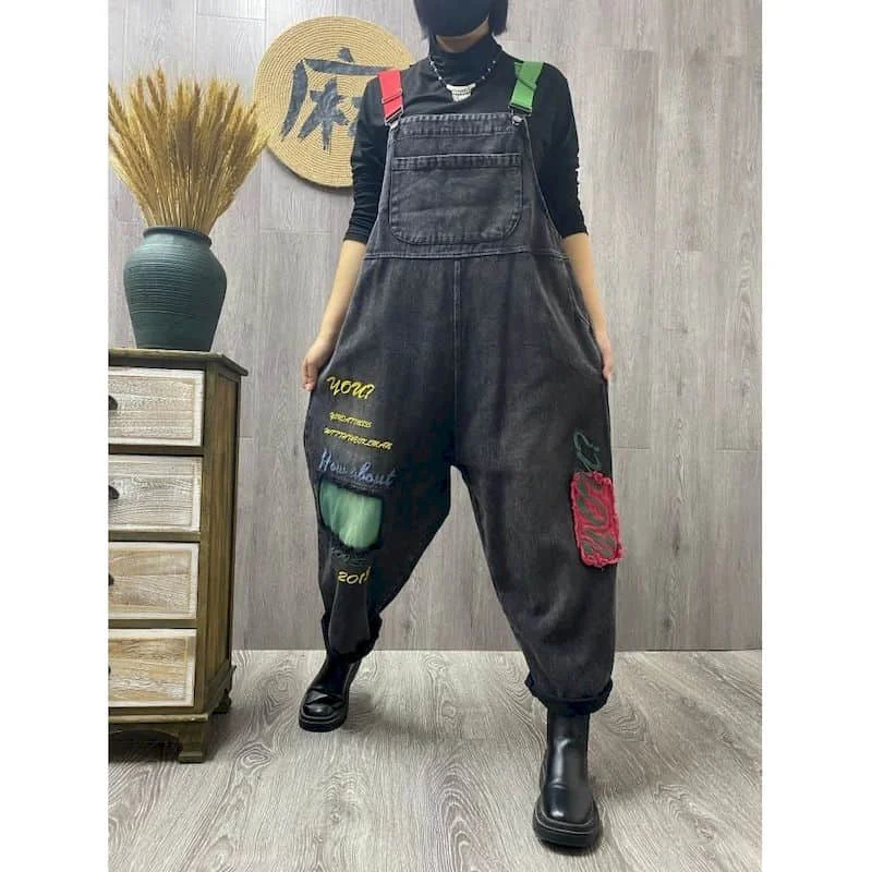 Kombinezony jeansowe z blokami kolorów, patchworkowe, jednoczęściowe stroje, damskie rampersy, luźne, w stylu koreańskim, casualowe, vintage, kombinezony damskie, odzież damska. — zdjęcie 3