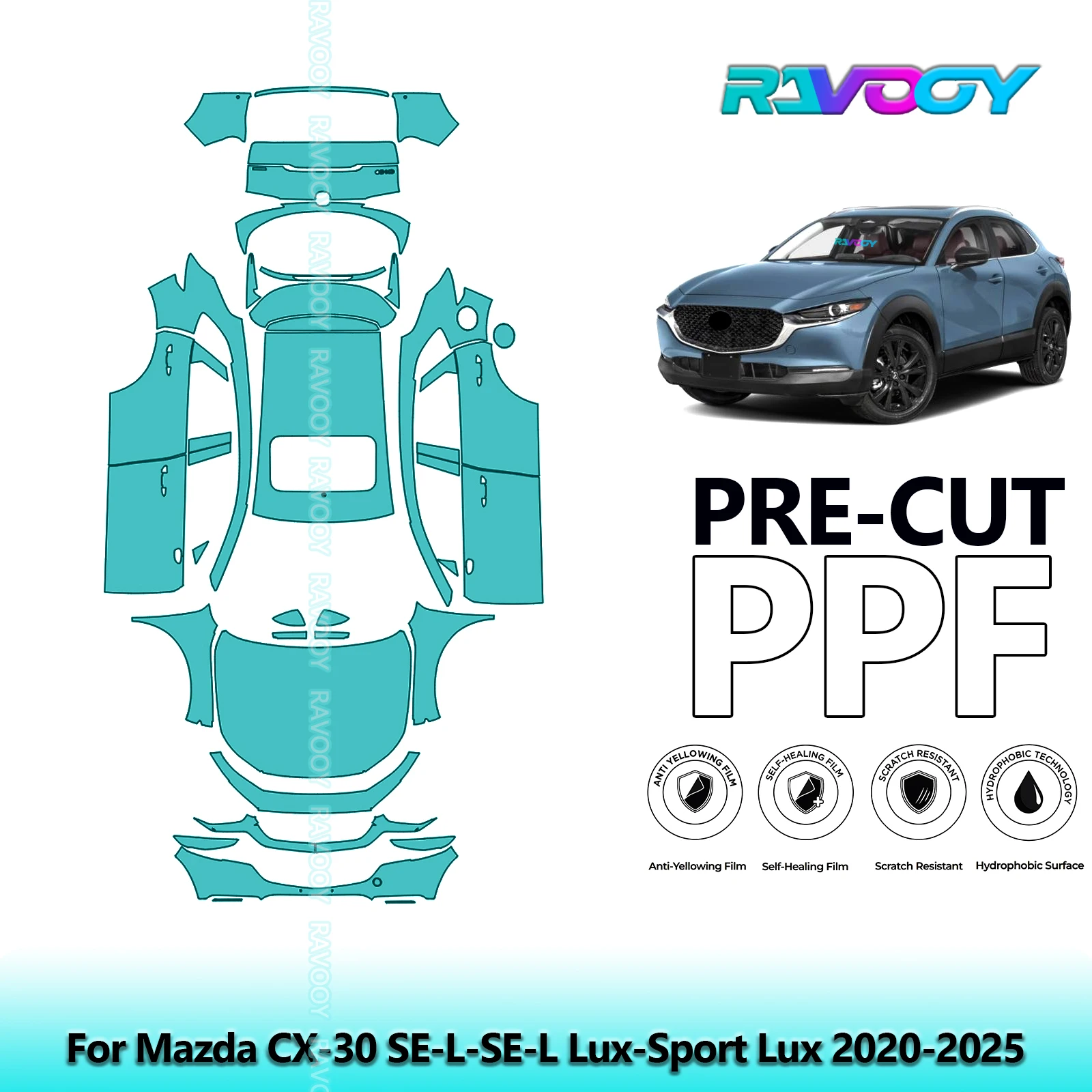 

Full Vehicle For Mazda CX-30 SE-L-SE-L Lux-Sport Lux 2020-2025 8.5Mil Precut PPF Paint Protection Film