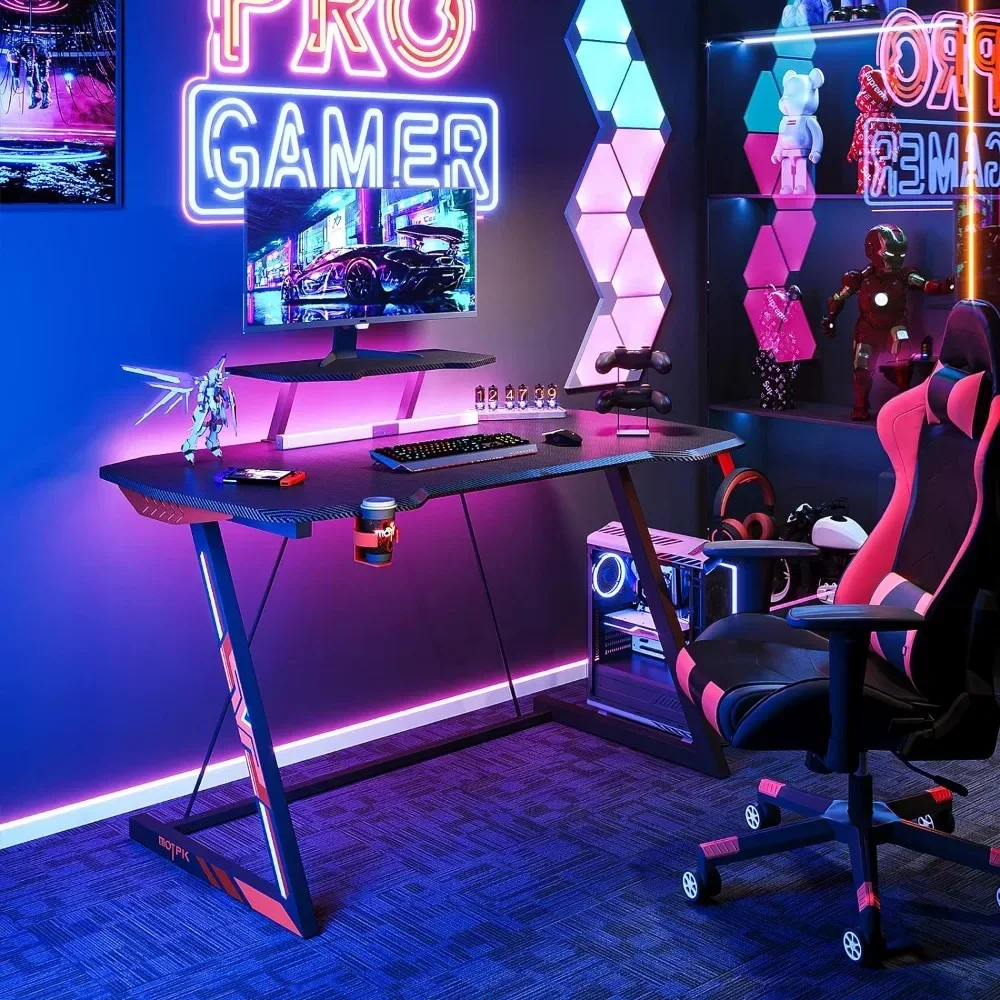 

Gaming Desk with LED Lights, 39" Z-Shaped Small Gaming Table, Ergonomic Solid Gaming Desk with Monitor Stand Cup Holder