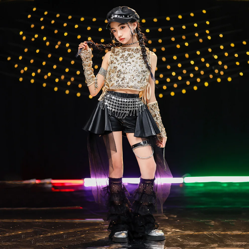 طفل Kpop الملابس الذهب الترتر صافي هوديي المحاصيل تانك الجلود السوداء مطوي تنورة صغيرة لفتاة الهيب هوب ملابس رقص الملابس #3