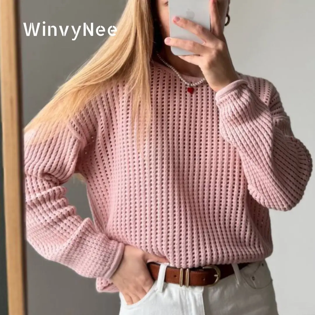 WinvyNee Spring Women Pure Cotton Pullover Sweaters Round O Neck Long Sleeve Solid Color Hollow Out Casual Knitwear ZA1092001