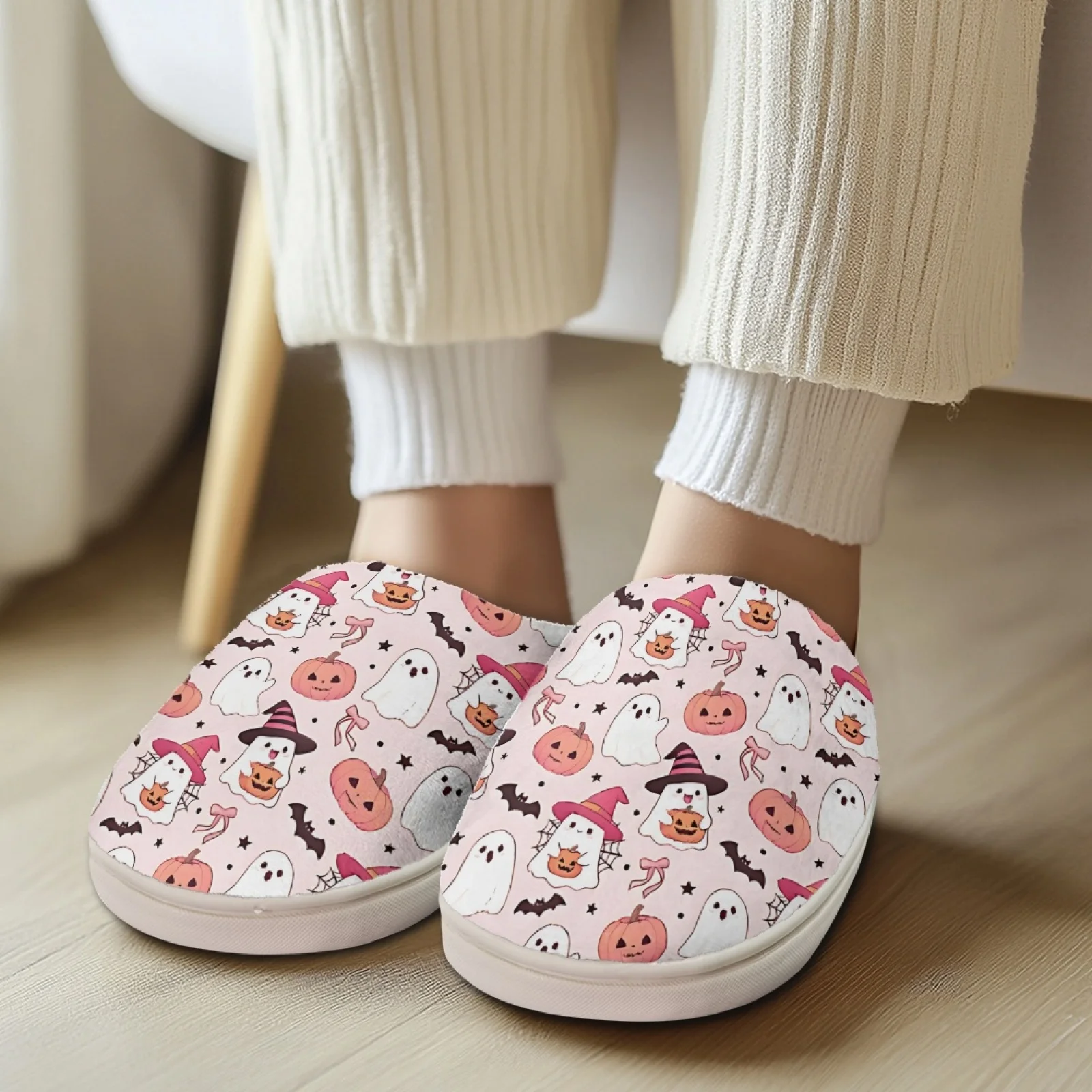 PENSTROLL Ghost Pumpkin Print Closed Toe Grandma Warm Winter Slippers Slippers For Nurses After Shift Flannel Slippers
