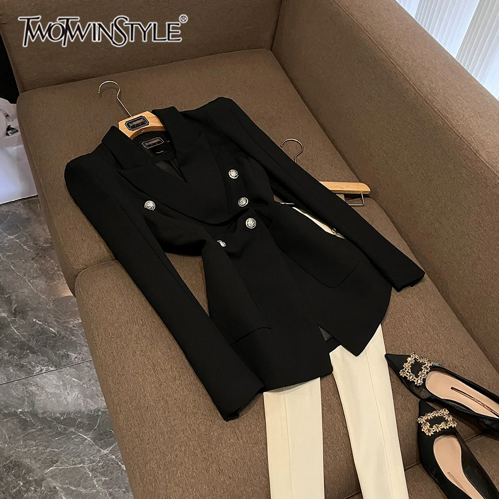 

TWOTWINSTYLE однотонные утягивающие элегантные блейзеры для женщин с лацканами и длинными рукавами, шикарная куртка с карманами, женская модная новинка KJA543426