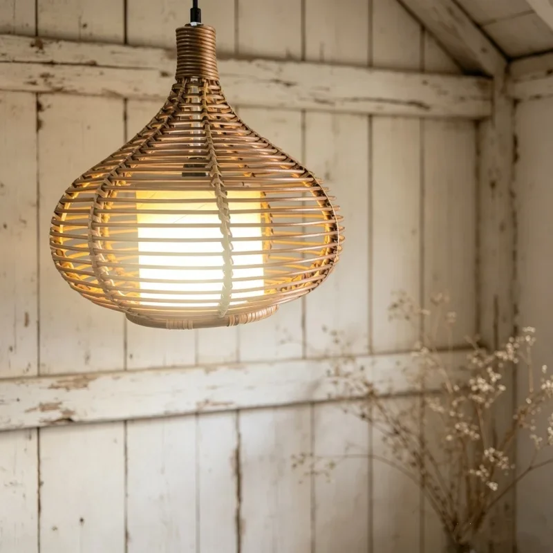 Gourd Shaped Handwoven Rattan Lampshade Newborn Photography Studio Prop Boho Wicker Ceiling Light Cover Photo Shooting Accessory