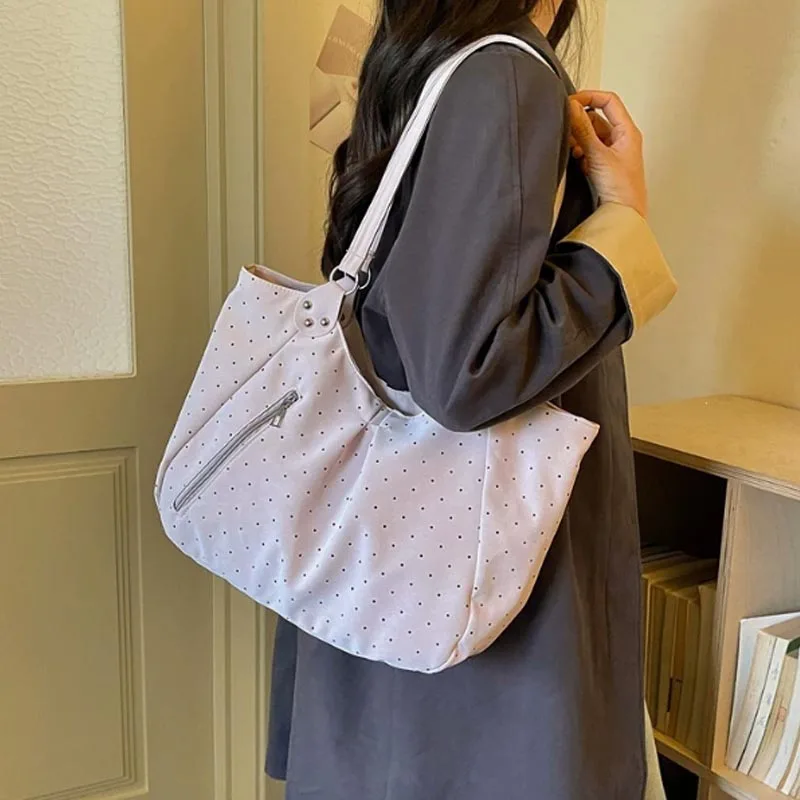 Vintage Large Capacity Shoulder Bag Korean Women Polka Dot Tote Cute Zipper Underarm Casual Daily School Shopping Work Handbags